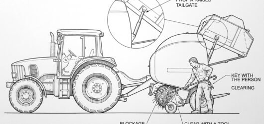 A baler pickup blocked with crop material, showing a person about to reach in crossed out, beside the same machine with the tractor key removed and he