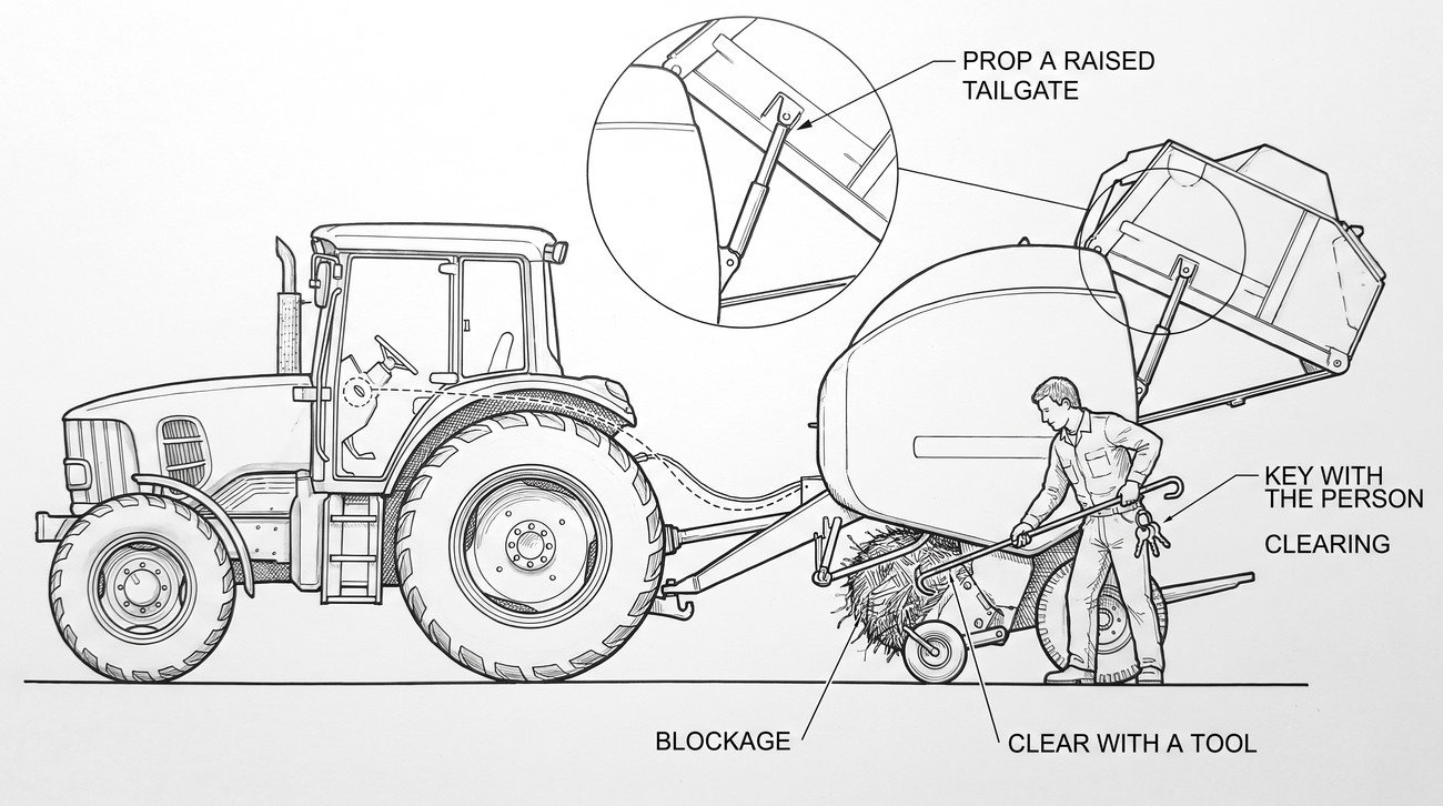 A baler pickup blocked with crop material, showing a person about to reach in crossed out, beside the same machine with the tractor key removed and held by the person clearing the blockage with a hooked tool.