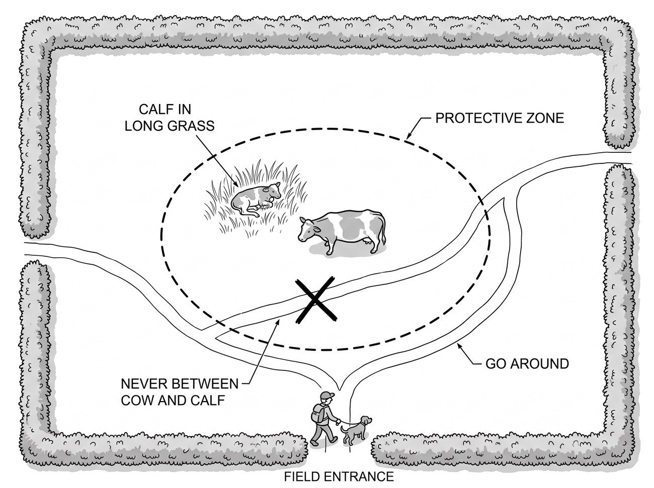 A field plan view showing a cow and calf with a dashed protective zone around them, a person walking a path that passes between them crossed out, and an alternative path around the outside of the zone.