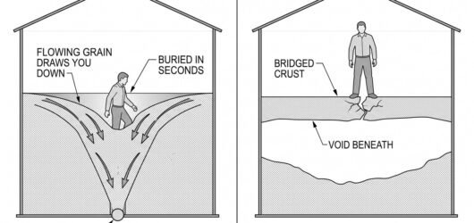 A section through a grain bin showing a person on the surface being drawn into a funnel of flowing grain towards the outlet, beside a second bin showi
