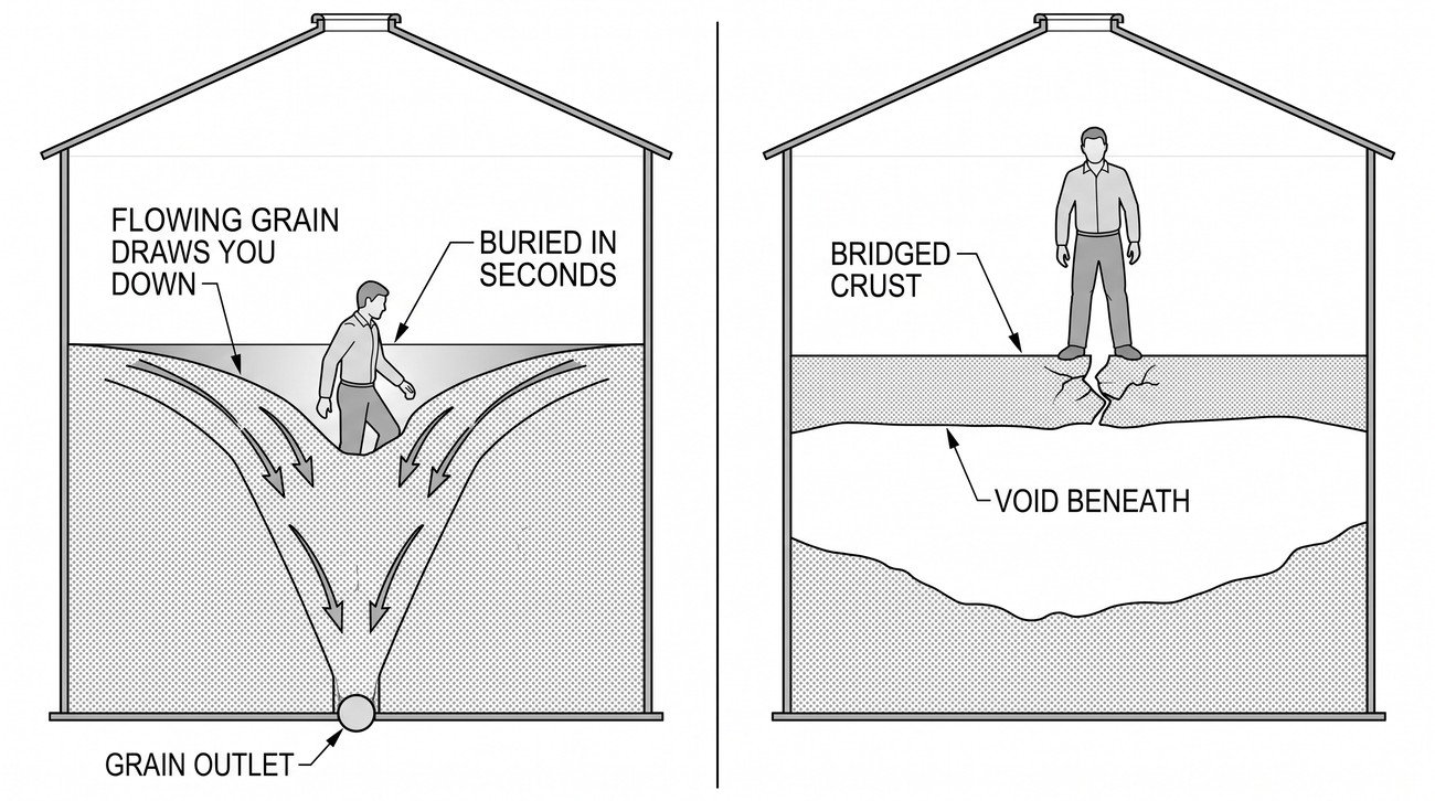 A section through a grain bin showing a person on the surface being drawn into a funnel of flowing grain towards the outlet, beside a second bin showing a bridged crust with a hollow void beneath it and a person standing on the crust.