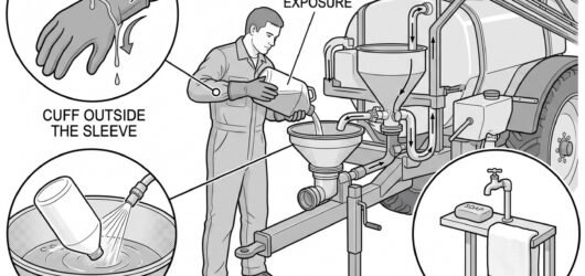 An operator at a sprayer induction bowl pouring concentrate from a container, with detail circles showing a glove cuff worn outside the sleeve, a clos