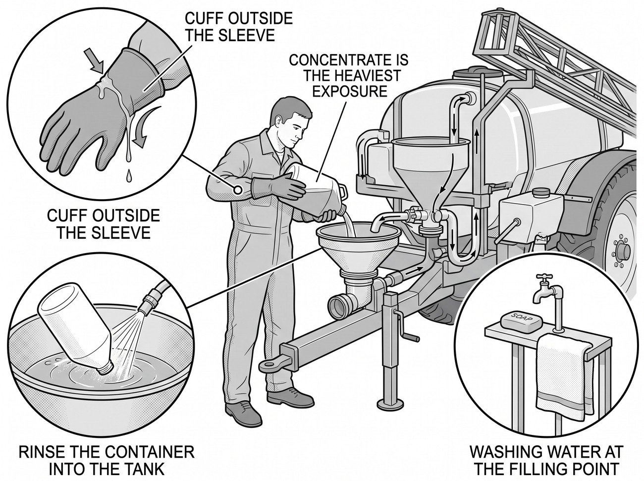 An operator at a sprayer induction bowl pouring concentrate from a container, with detail circles showing a glove cuff worn outside the sleeve, a closed transfer coupling on the container, and a triple-rinse nozzle rinsing an empty container into the tank.