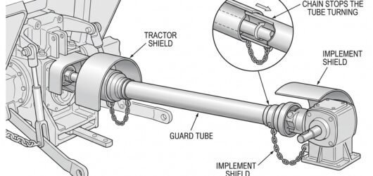 A tractor and implement connected by a PTO shaft shown from the side, with the tractor shield, the guard tube and the implement shield marked as three