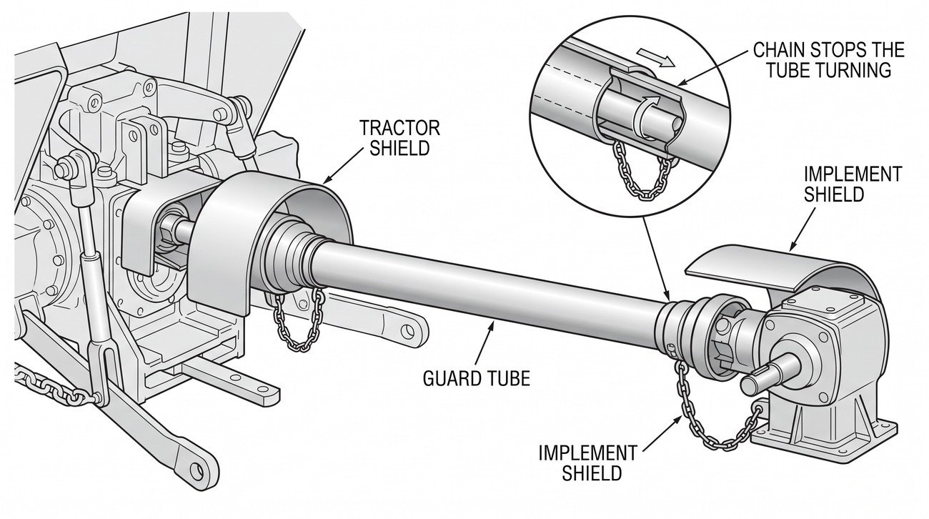 A tractor and implement connected by a PTO shaft shown from the side, with the tractor shield, the guard tube and the implement shield marked as three separate components, and a detail circle showing a restraint chain preventing the tube from rotating.