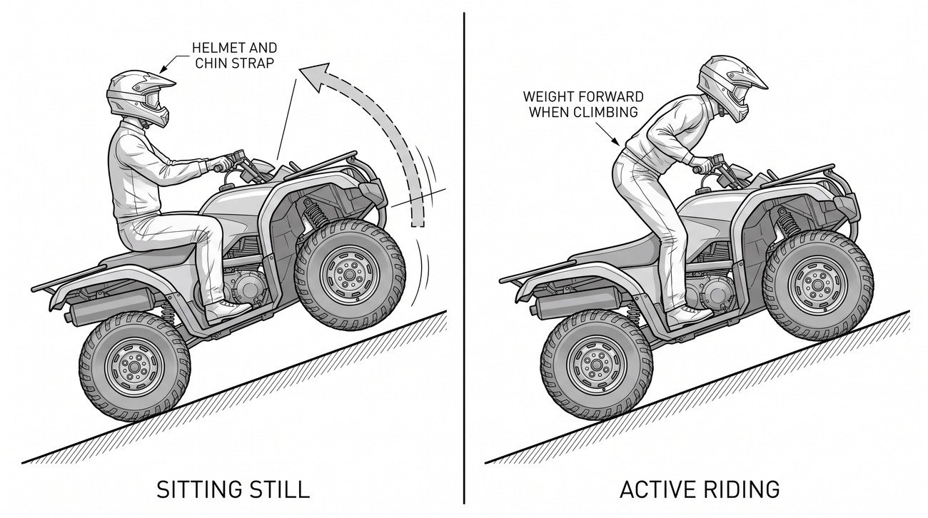 Two panels showing a quad bike on a slope: in the first the rider sits still and the machine tips, in the second the rider stands on the pegs and leans into the hill keeping it level, with a detail circle of a helmet with a chin strap fastened.