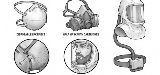 Three respiratory options side by side - a disposable filtering facepiece, a half mask with a cartridge, and a powered hood with a battery unit - with