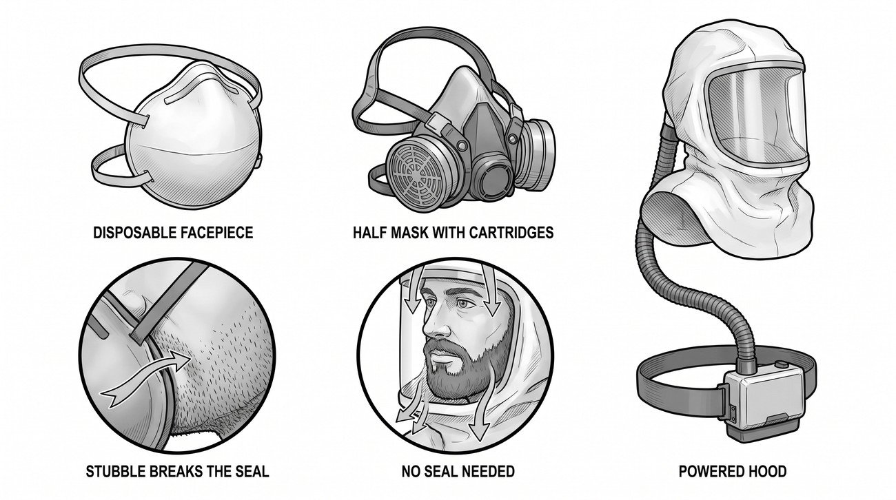 Three respiratory options side by side - a disposable filtering facepiece, a half mask with a cartridge, and a powered hood with a battery unit - with detail circles showing stubble breaking a tight face seal and clean air flowing into a hood.