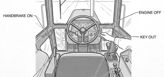 A tractor cab interior seen from behind the seat with four numbered actions marked in sequence: the handbrake lever, the gear and PTO controls, the ig