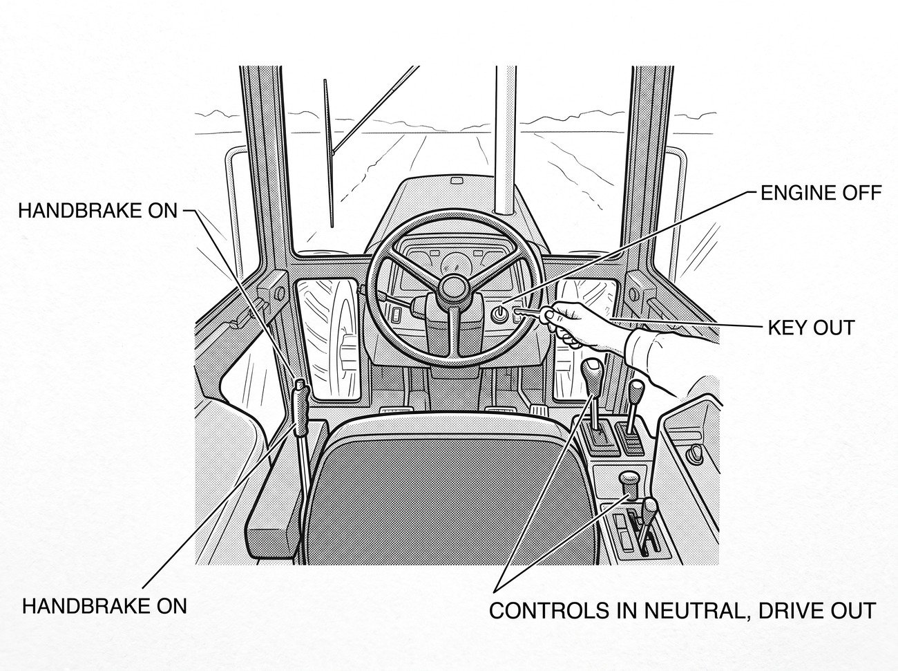 A tractor cab interior seen from behind the seat with four numbered actions marked in sequence: the handbrake lever, the gear and PTO controls, the ignition switch and the key being withdrawn.