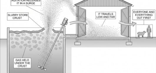 A section through a slurry store with a crust on the surface, gas shown collecting beneath it and surging upward as an agitator disturbs it, spreading
