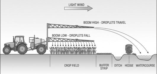 A sprayer working a field with the boom at two heights shown in comparison, droplets falling steeply from the low boom and travelling sideways from th