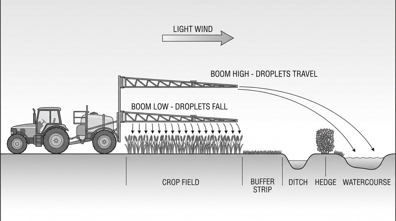 A sprayer working a field with the boom at two heights shown in comparison, droplets falling steeply from the low boom and travelling sideways from the high one, with a buffer strip and a watercourse marked at the field edge.