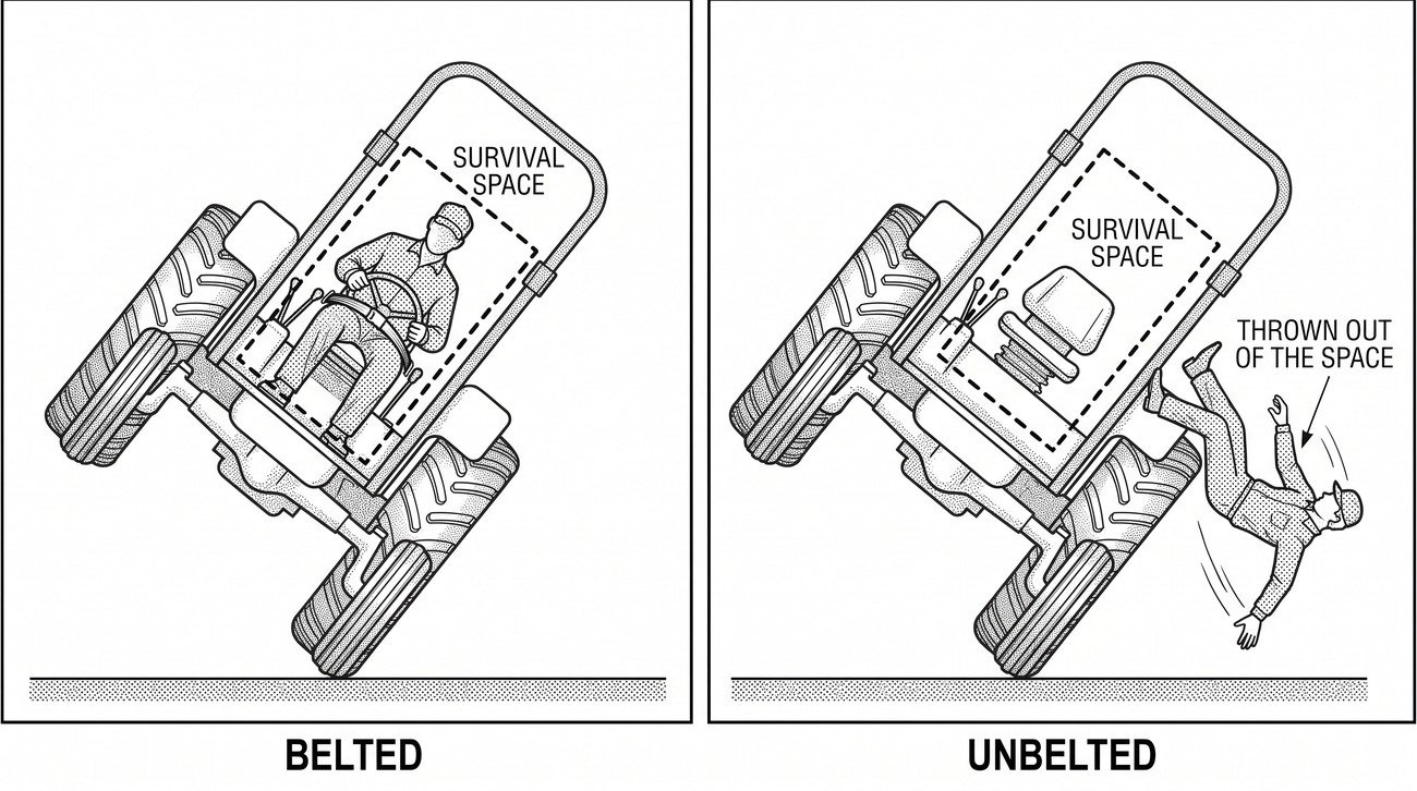 Two panels showing a tractor mid-overturn: in the first the belted operator stays within a dashed survival space inside the roll-over structure, in the second the unbelted operator is thrown outside it beneath the machine.
