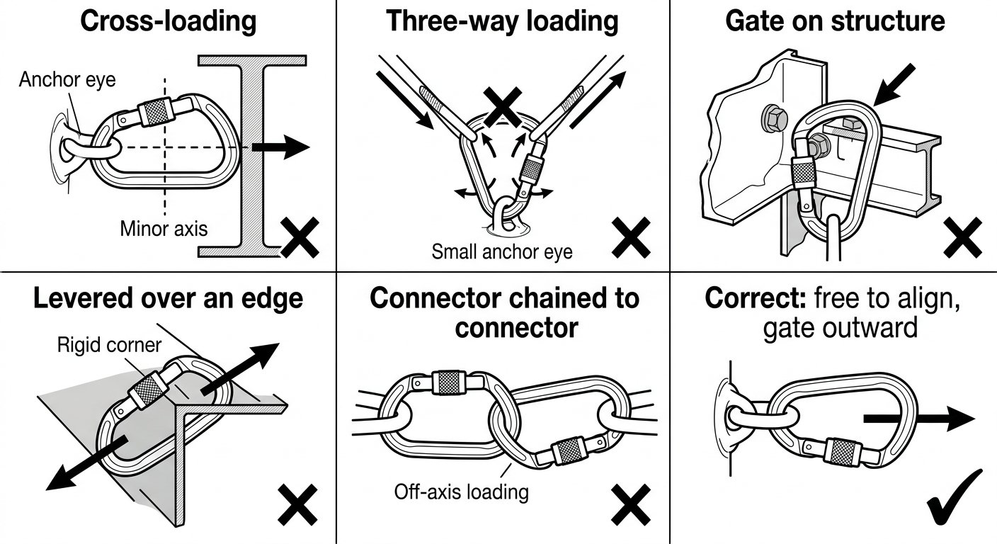 Diagram of anchor connector loading faults: cross-loading, three-way loading, gate pressed on structure, levering over an edge, and connector clipped to connector, with the correct alignment shown.