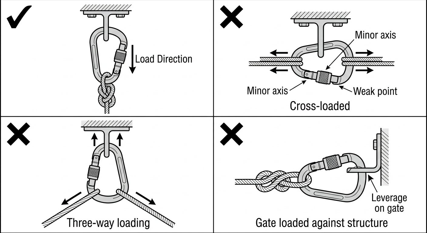 Four-panel diagram of connector loading at an anchor: correct major-axis loading versus cross-loading, three-way loading and the gate bearing against structure.