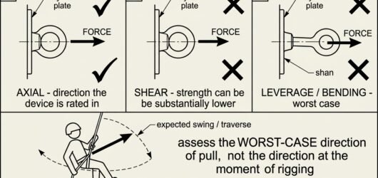 Three-panel diagram comparing axial, shear and levered loading on an anchor eyebolt, plus a plan view showing swing changing the direction of pull.