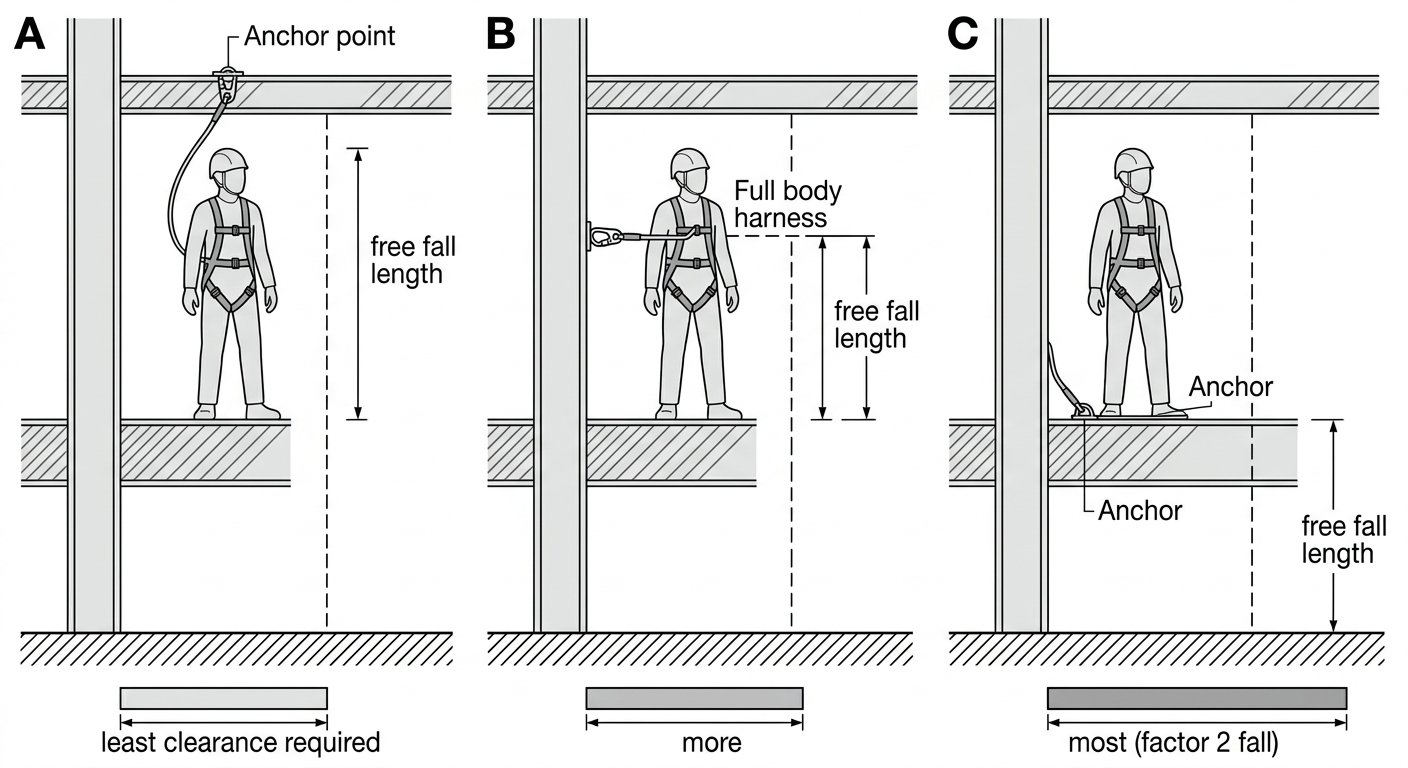 Three-panel comparison of anchor height — overhead, at attachment level, and at foot level — and the increasing fall clearance each requires.