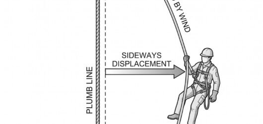 Side-view diagram comparing a plumb anchor line (dashed) with the same line bowed downwind (solid), showing the user displaced sideways from directly 