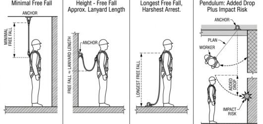 Four-panel diagram comparing anchor positions overhead, at harness height and at foot level, plus a panel showing swing fall from a laterally offset a