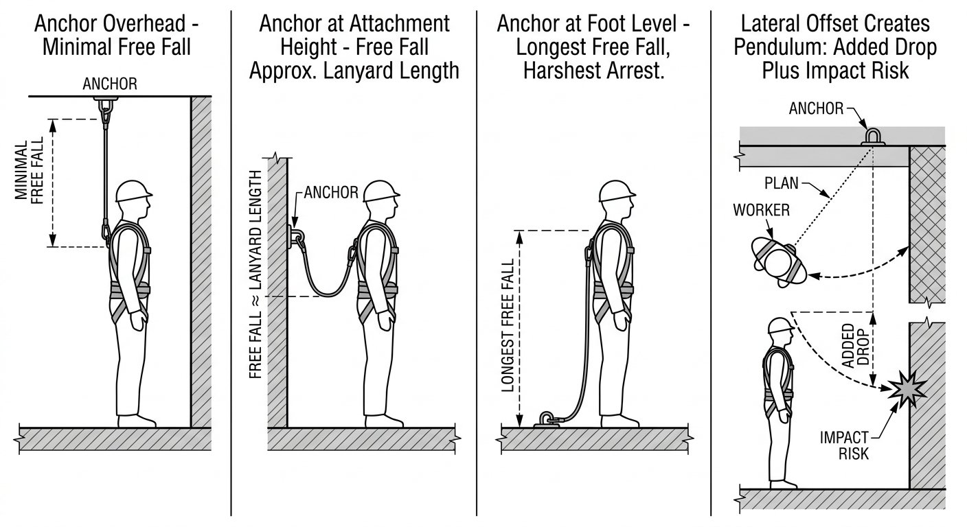 Four-panel diagram comparing anchor positions overhead, at harness height and at foot level, plus a panel showing swing fall from a laterally offset anchor.