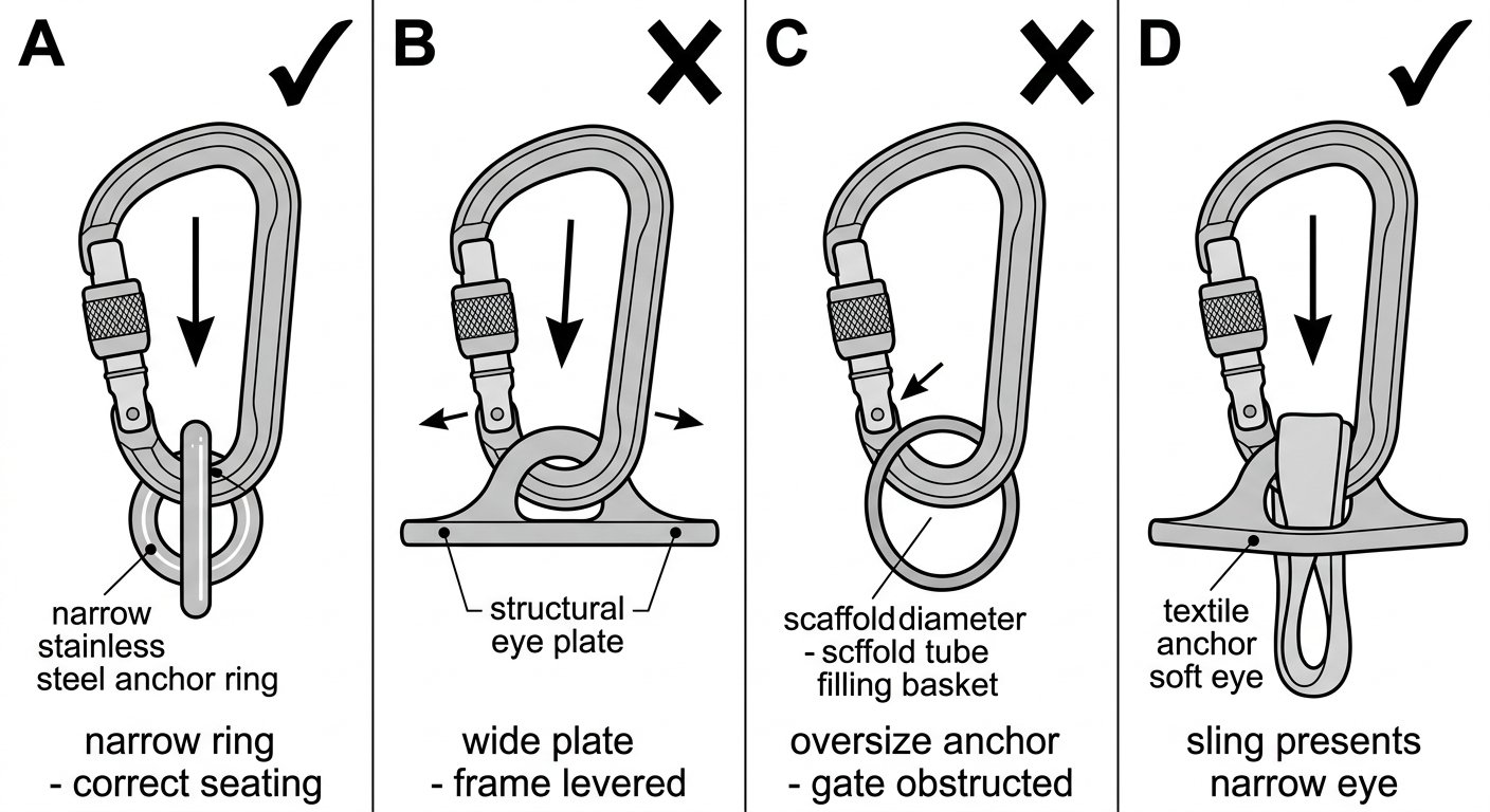 Diagram comparing a locking connector correctly seated in a narrow anchor ring versus levered on a wide eye plate, obstructed on a large tube, and corrected with a textile anchor sling.