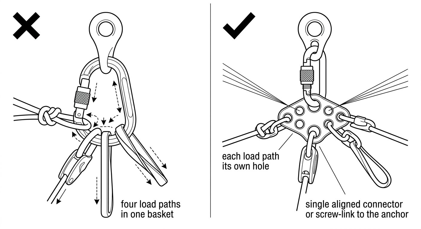 Diagram comparing four load paths crowded into a single anchor carabiner versus a rigging plate giving each load path its own hole.