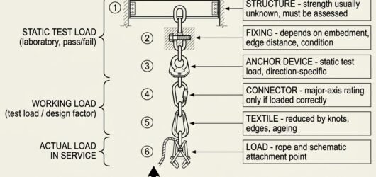 Diagram of the anchor load path from structure through fixing, anchor device, connector and sling to the load, showing that system strength equals the