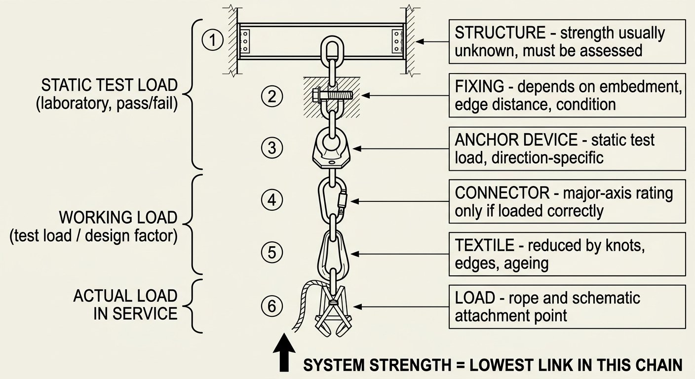 Diagram of the anchor load path from structure through fixing, anchor device, connector and sling to the load, showing that system strength equals the weakest link.