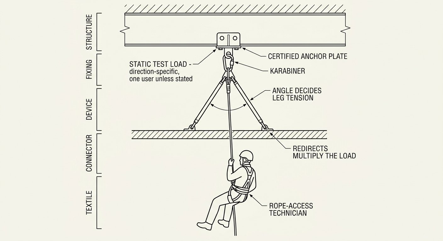 Technical illustration of an anchor system showing a structural beam, anchor plate, two-leg rigging with marked internal angle, a deviation point and a rope-access technician, with annotations on test load, angle and redirect forces.