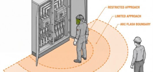 Isometric diagram of an open electrical switchgear panel with three dashed boundary arcs on the floor, labelled restricted approach, limited approach 