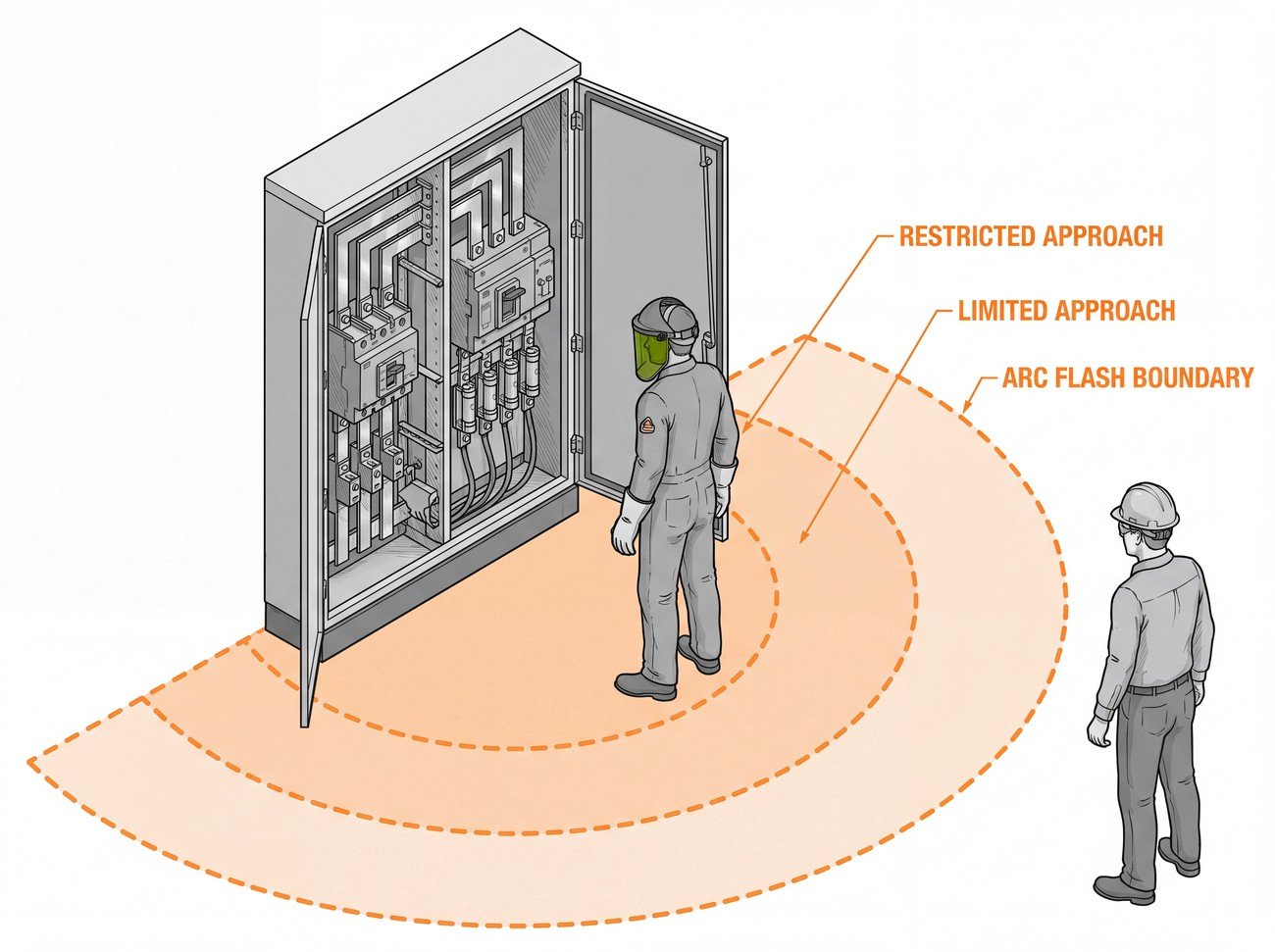 Isometric diagram of an open electrical switchgear panel with three dashed boundary arcs on the floor, labelled restricted approach, limited approach and arc flash boundary. A technician in arc-rated PPE and face shield stands inside the arc flash boundary; a second worker in ordinary clothing stands outside it.