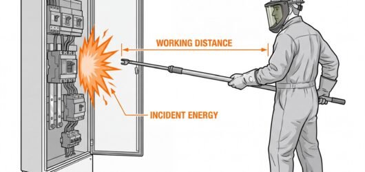 Side-view diagram of an open electrical switchgear panel with an arc flash burst at the panel face labelled incident energy, and a horizontal dimensio