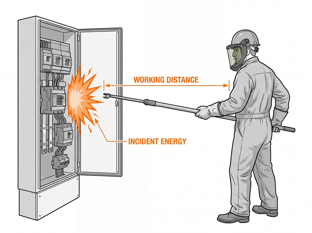 Side-view diagram of an open electrical switchgear panel with an arc flash burst at the panel face labelled incident energy, and a horizontal dimension line labelled working distance running from the panel face to the chest of a technician in arc-rated PPE operating a switching tool.