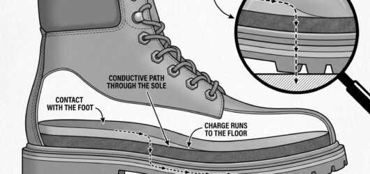 Simple line-art illustration of a safety boot with a visible conductive sole layer shown at a cutaway edge.