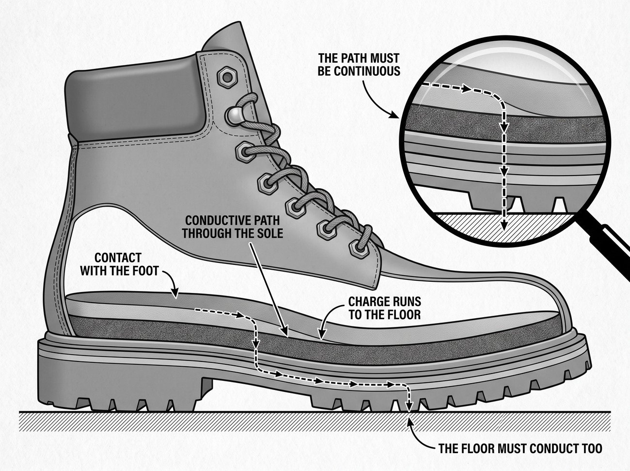 Simple line-art illustration of a safety boot with a visible conductive sole layer shown at a cutaway edge.