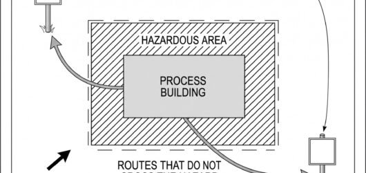 Simple line-art illustration of an assembly point marker post on open ground with a building outline in the background.