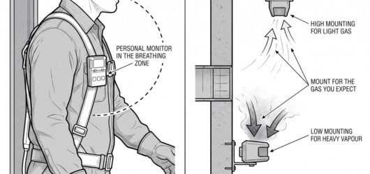 Simple line-art illustration of a portable multi-gas detector clipped to a worker's belt beside a wall-mounted fixed detector unit.