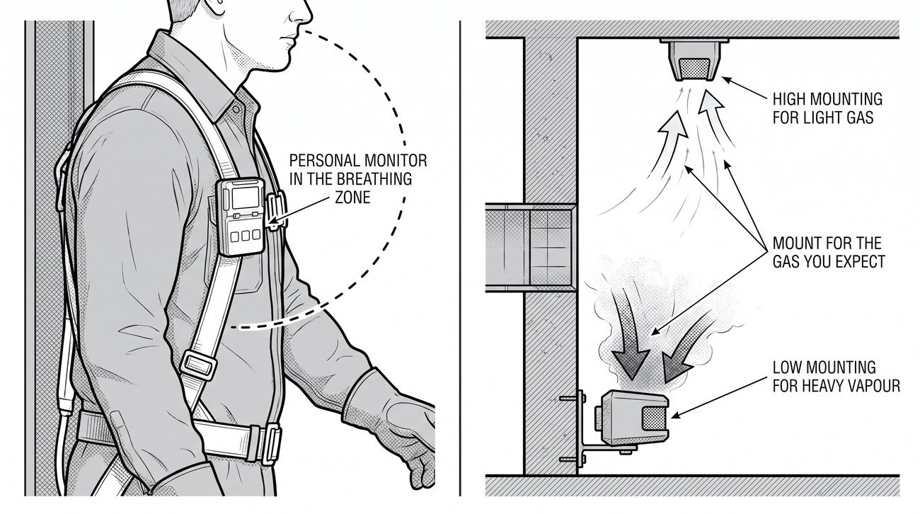 Simple line-art illustration of a portable multi-gas detector clipped to a worker's belt beside a wall-mounted fixed detector unit.