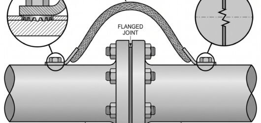 Simple line-art illustration of a bonding strap connected across a flanged pipe joint between two pipe sections.