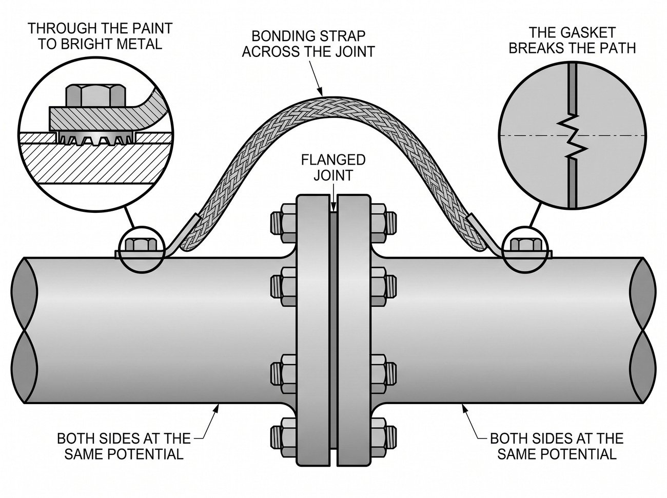 Simple line-art illustration of a bonding strap connected across a flanged pipe joint between two pipe sections.