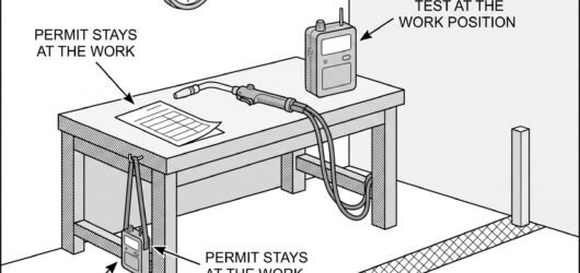 Simple line-art illustration of a portable gas detector positioned beside a welding torch on a work surface.
