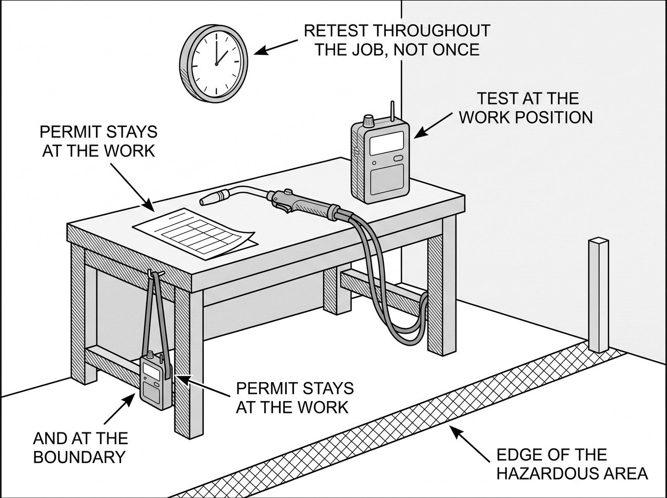 Simple line-art illustration of a portable gas detector positioned beside a welding torch on a work surface.