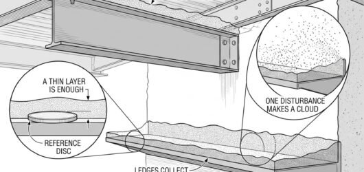 Simple line-art illustration of a settled dust layer on a horizontal overhead beam and ledge inside an industrial building.