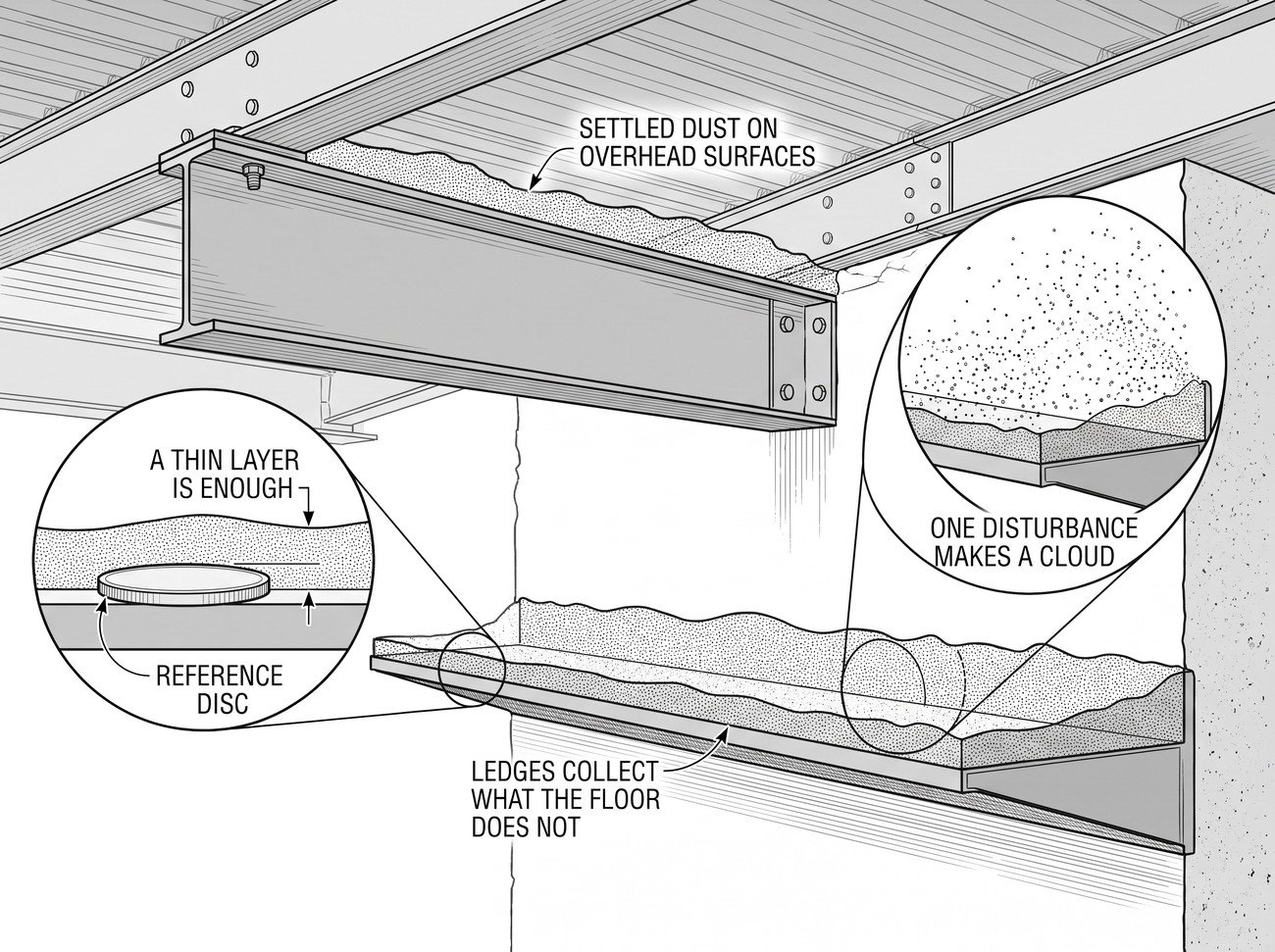 Simple line-art illustration of a settled dust layer on a horizontal overhead beam and ledge inside an industrial building.