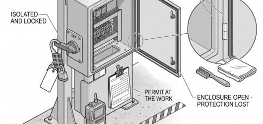 Simple line-art illustration of an opened equipment enclosure with a lockout padlock fitted to its isolator switch.