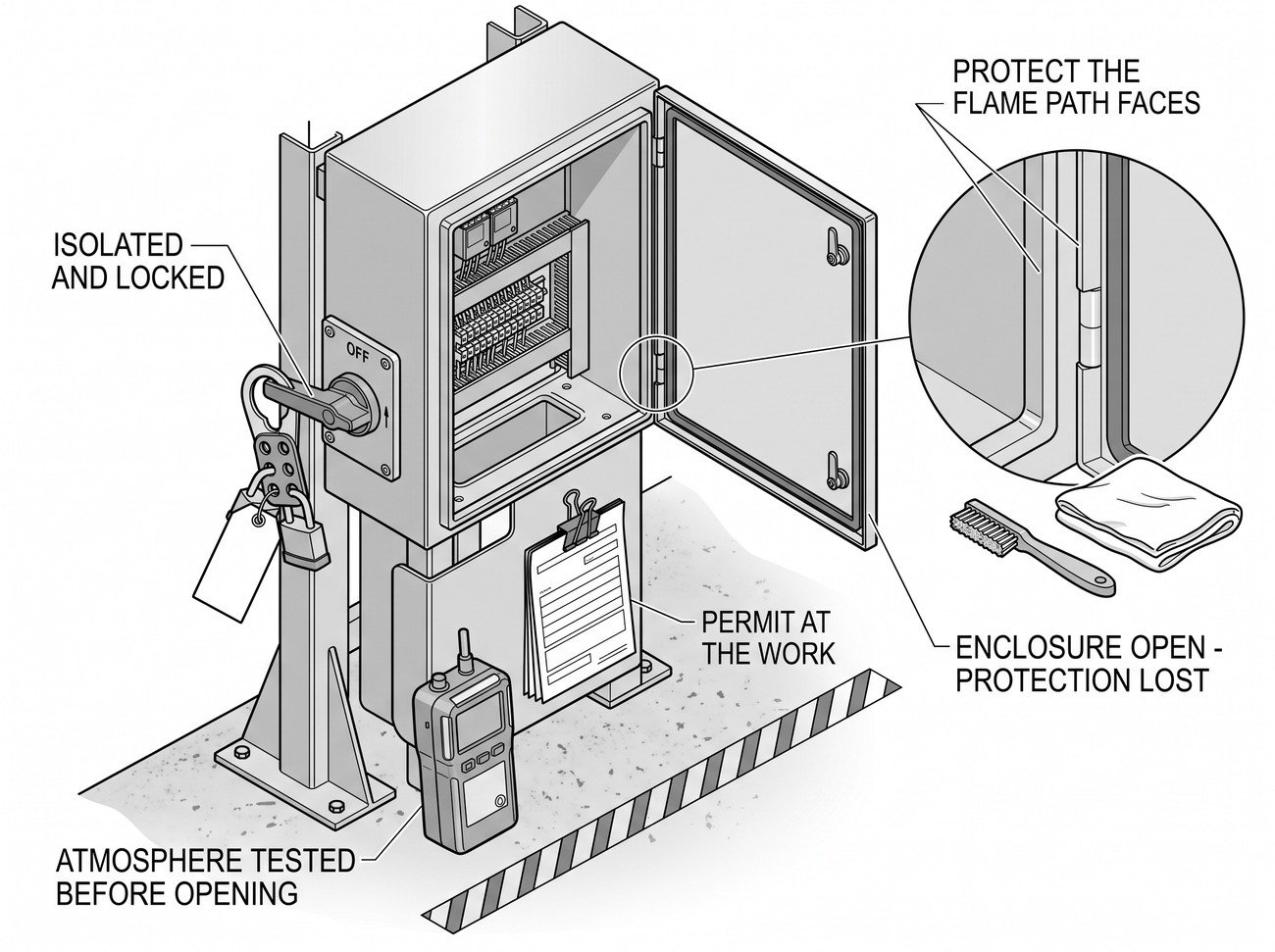 Simple line-art illustration of an opened equipment enclosure with a lockout padlock fitted to its isolator switch.