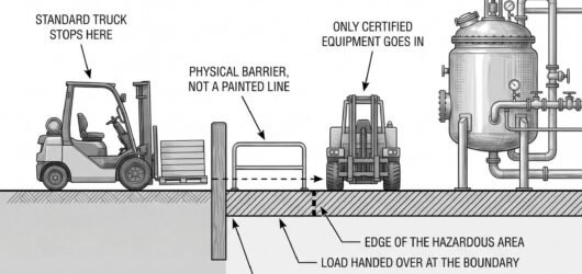 Simple line-art illustration of a small industrial forklift beside a boundary barrier at the entrance to a marked area.