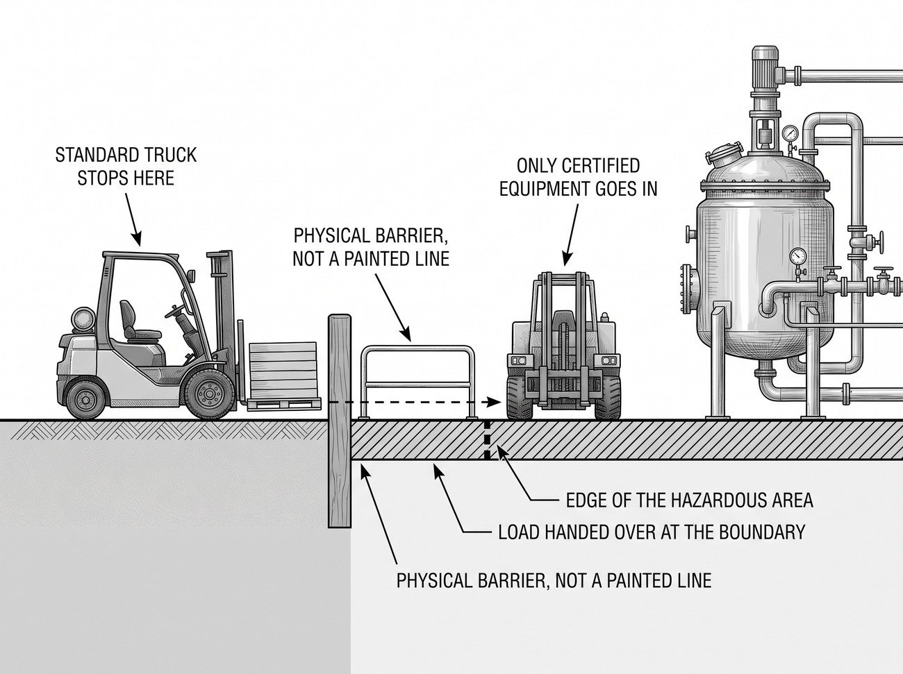 Simple line-art illustration of a small industrial forklift beside a boundary barrier at the entrance to a marked area.