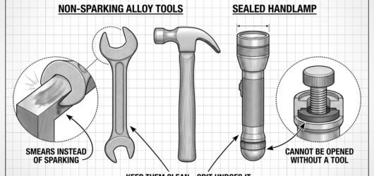 Simple line-art illustration of a non-sparking bronze wrench beside a handheld intrinsically safe torch.